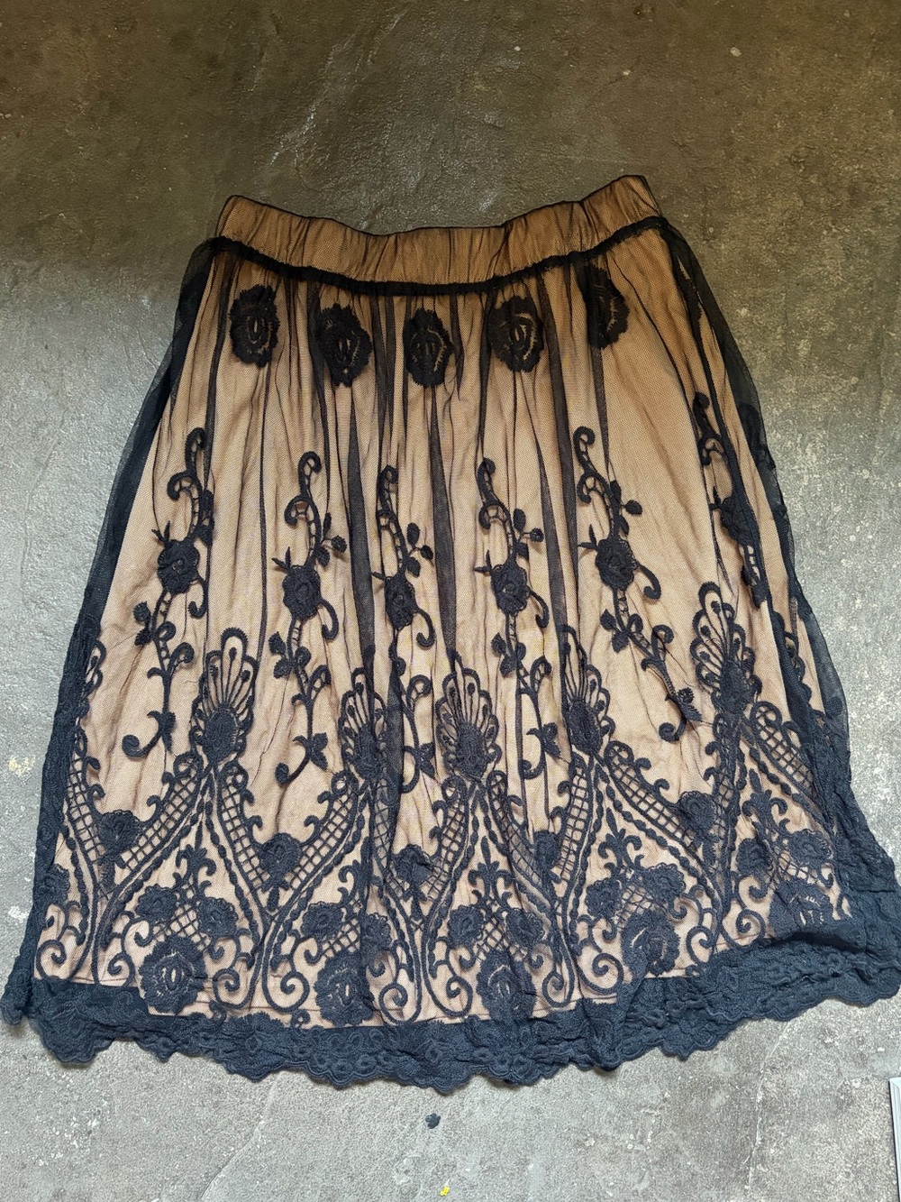 Lapis Black Lace Overlay A-Line Skirt with Nude Underlayer